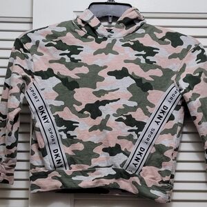 DKNY Pink and Sage Green Camo Cropped Hoodie with White Logo Tape